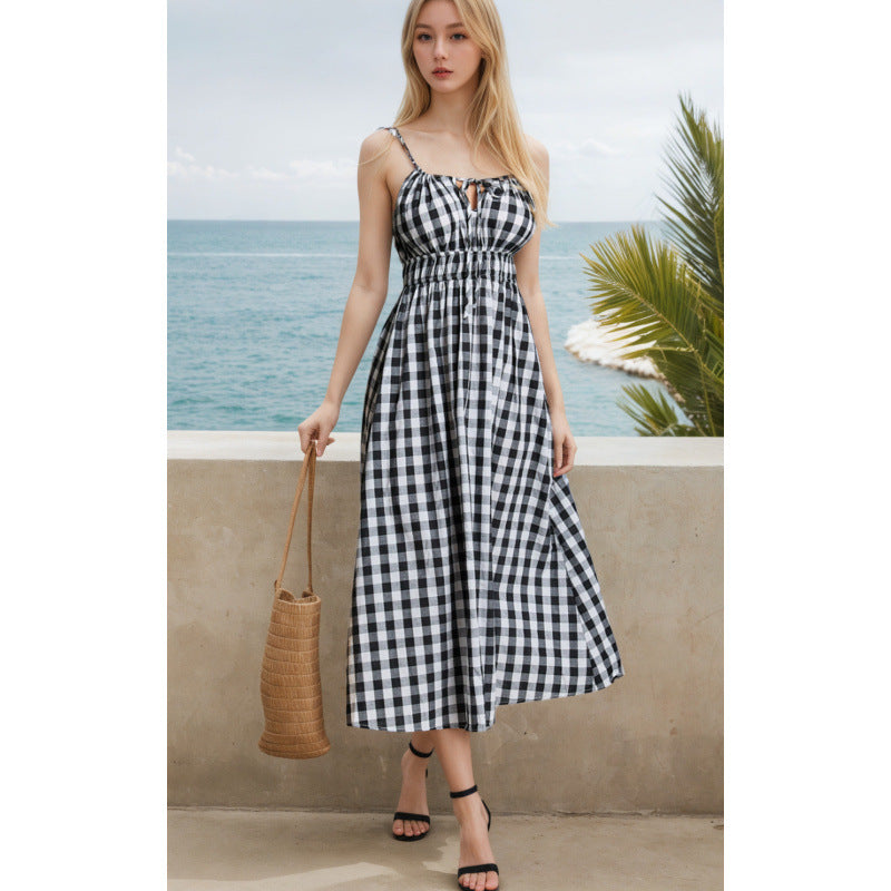 Dame Gingham-print maxikjole med justerbare bindebånd Stilla