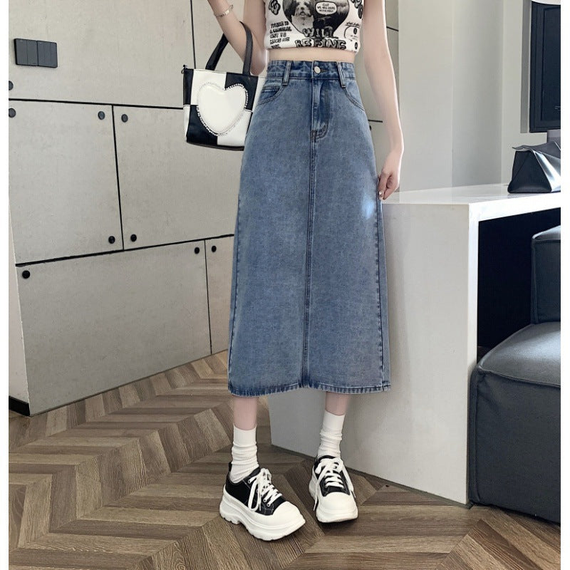 Dame midi denim nederdel med frontslids Stilla
