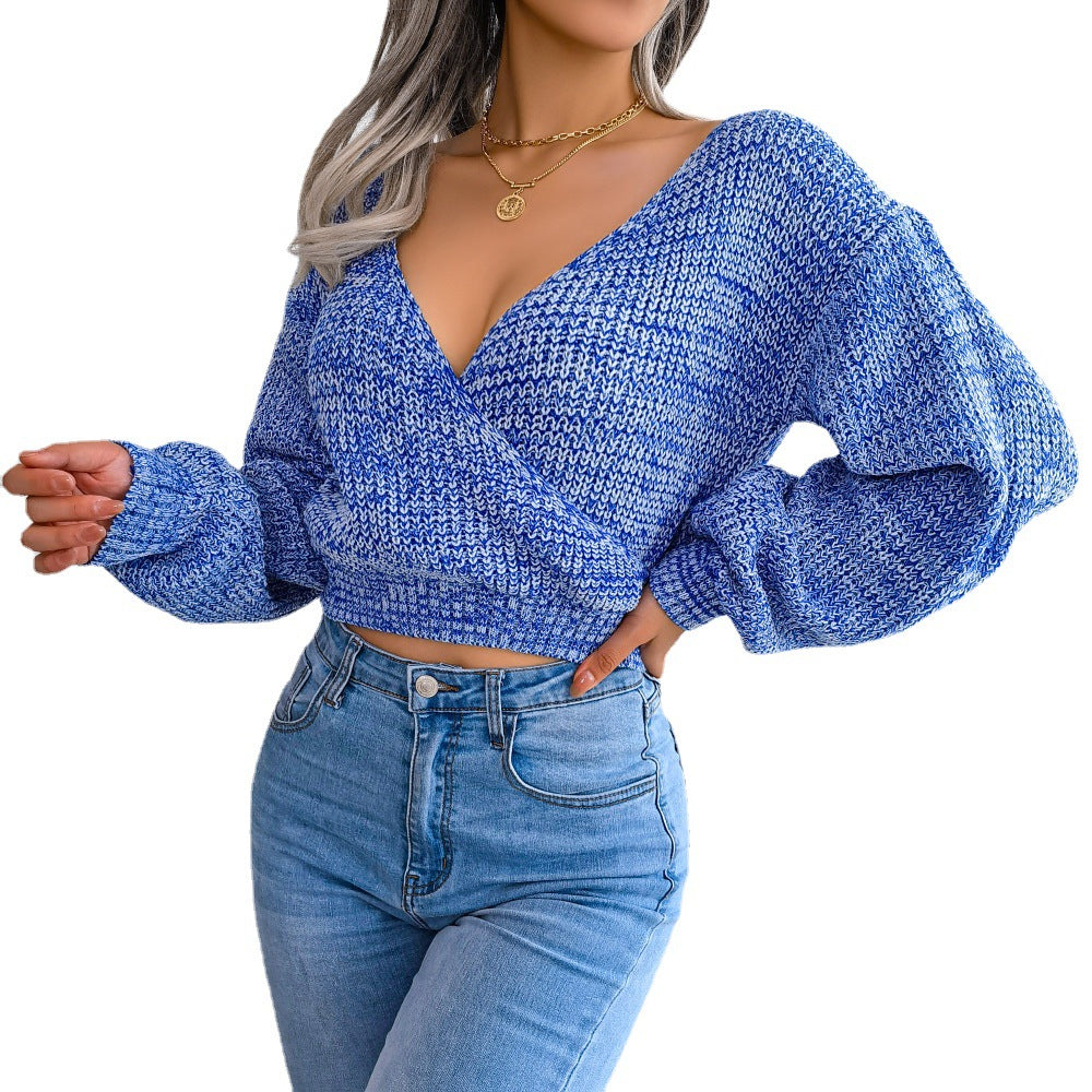 Dame Modischer Crop-Top Strikpullover med V-udskæring og brede ærmer Stilla