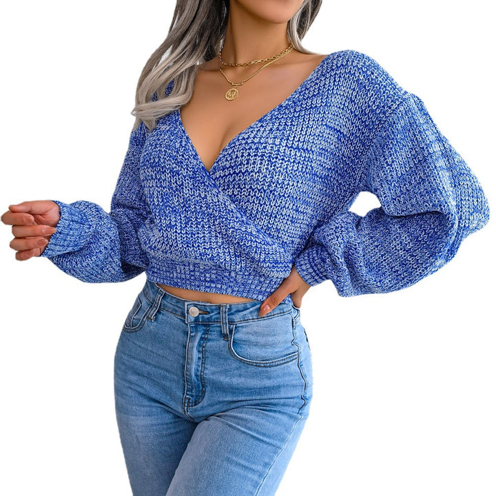 Dame Modischer Crop-Top Strikpullover med V-udskæring og brede ærmer Stilla