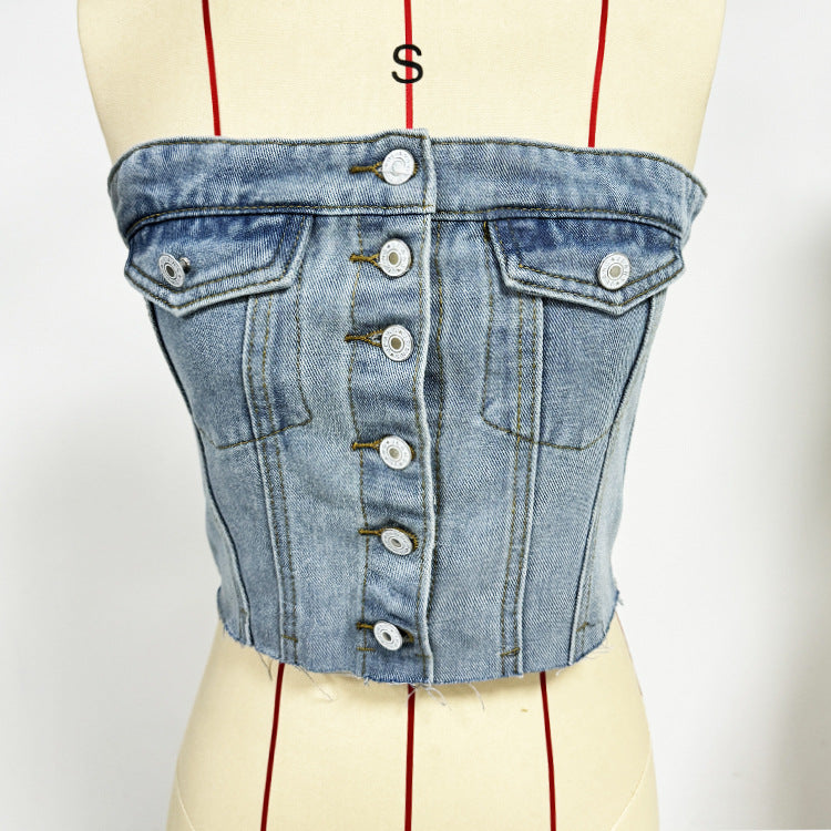 Dame Denim Bustier-top med knaplukning og tætsiddende pasform Skovae