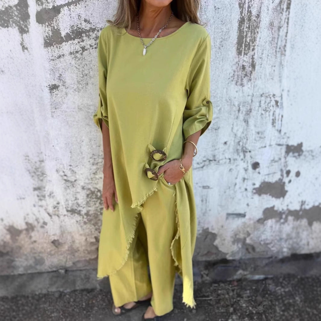Dame elegant og casual ensemble med asymmetrisk snit og raffineret drapering Stilla