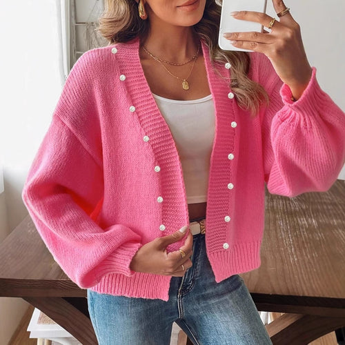 Dame afslappet strik cardigan med perle knapper og bred snit Stilla