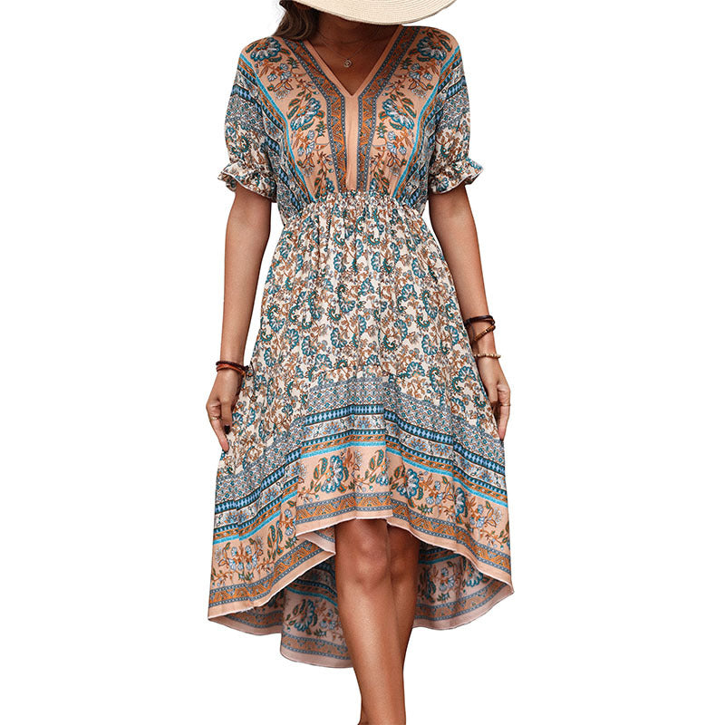 Dame High-Low Floral Print Maxi-Kjole med Flæser Stilla