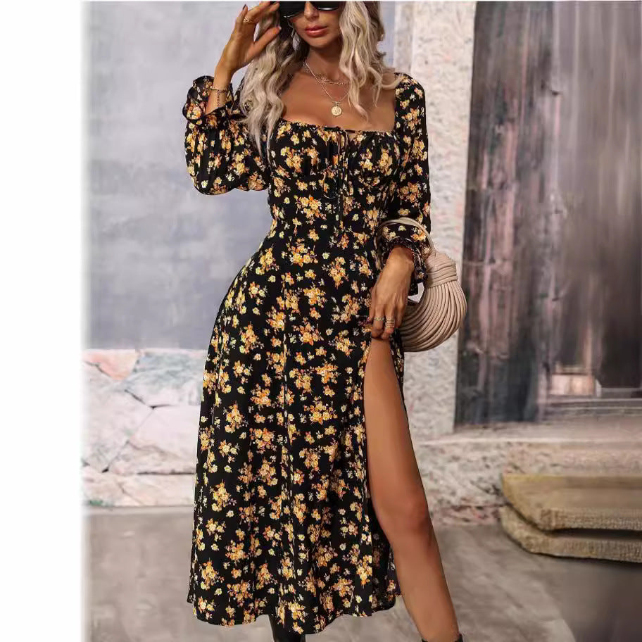 Dame maxikjole med dyb slids og floral design Stilla