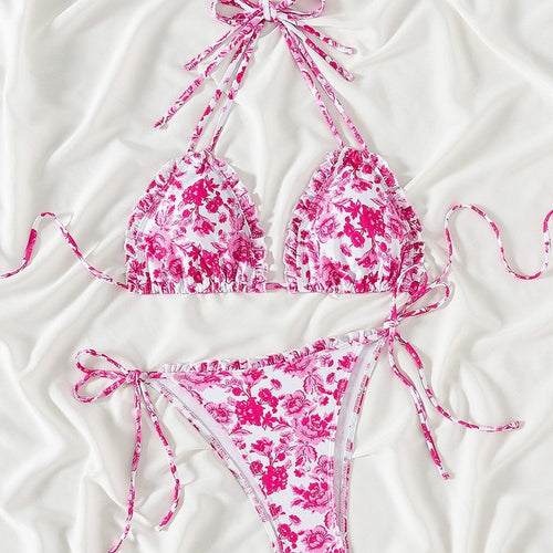 Femme Rynkede Floral Triangel Bikini Sæt Stilla