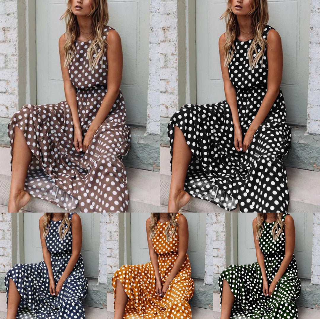 Dame Polka-Dot-Maxikjole med sidelukninger Stilla