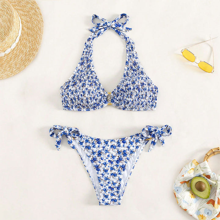 Dame trekantet bikini med justerbare stropper og blomsterdesign Skovae