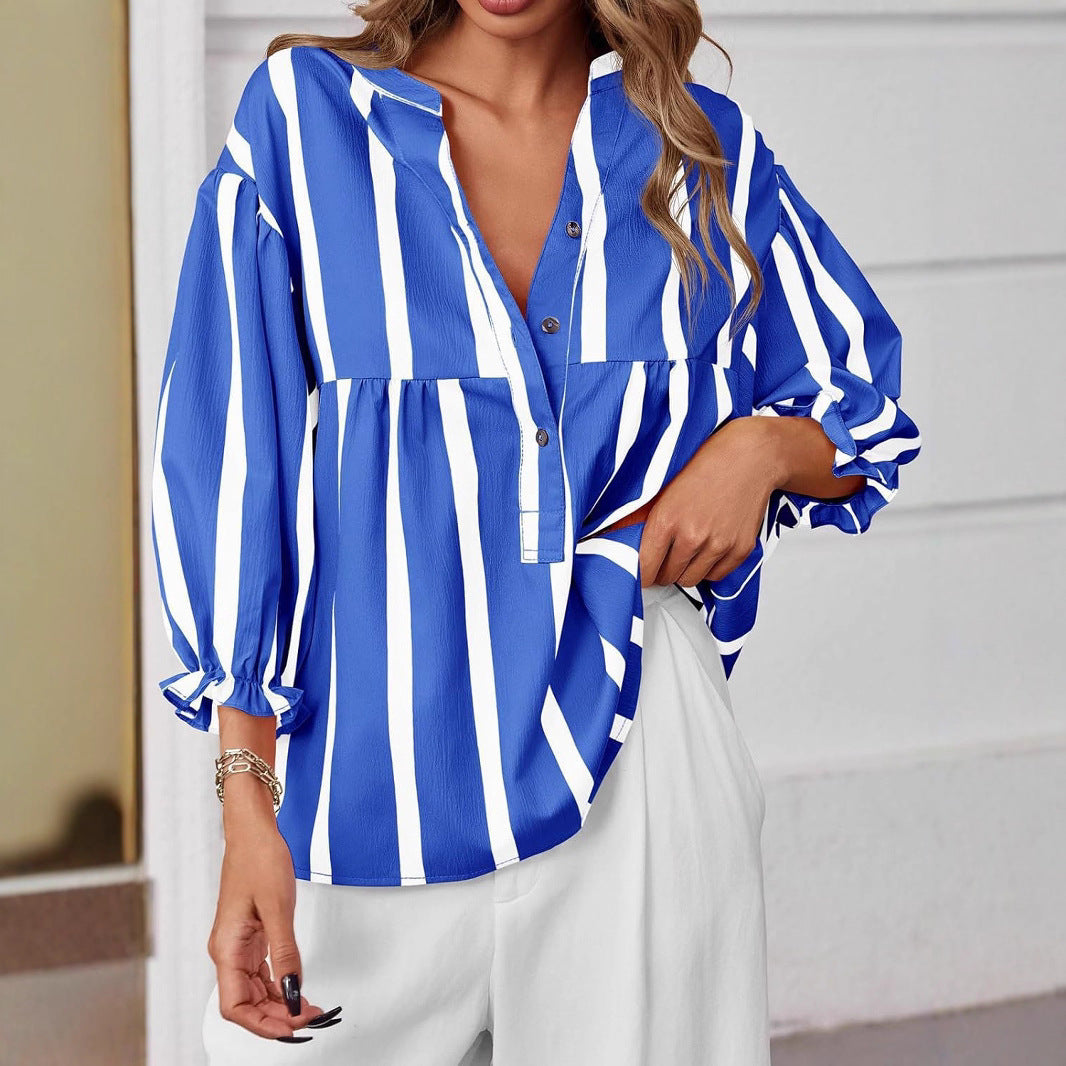 Dame oversized Bluse med stribemønster og knapliste Stilla