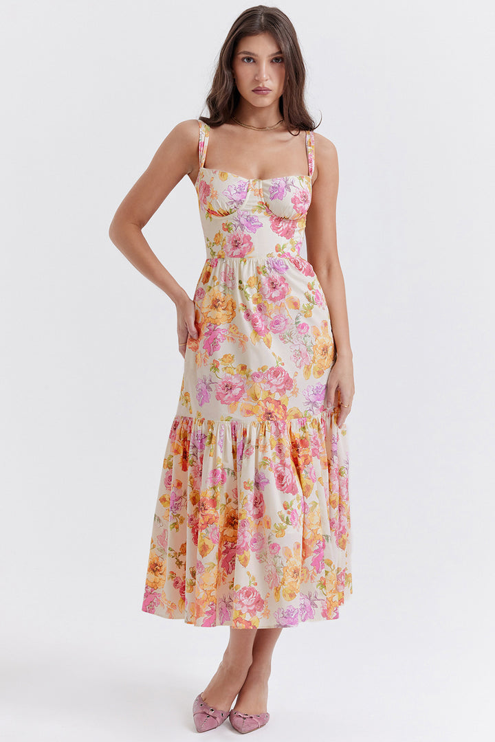 Dame Boho Maxikjole med romantisk blomsterprint og voluminøs skørt Stilla