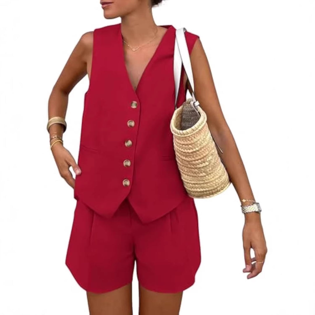Dame elegant jumpsuit sæt med tætsiddende snit og dekorative knapdetaljer Skovae