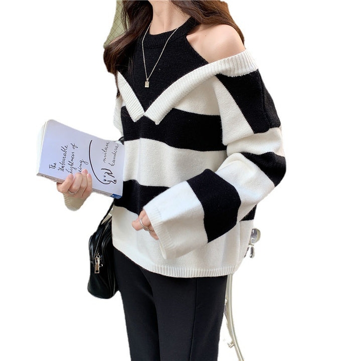 Femme Off-Shoulder Stribet Strikpullover Stilla