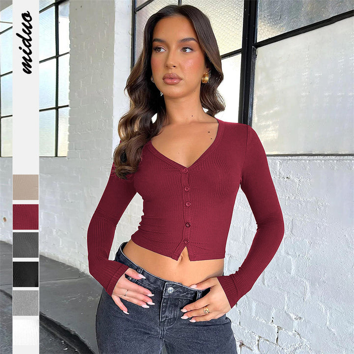 Dame cropped rib-top med knaplukning og dyb V-hals Stilla