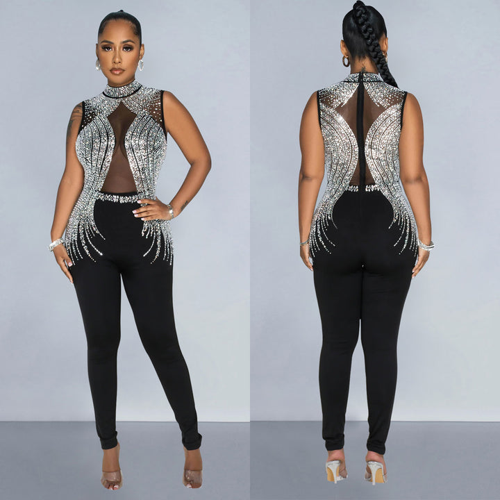 Dame elegant Bodycon jumpsuit med transparente indsatser og strass dekorerede detaljer Stilla