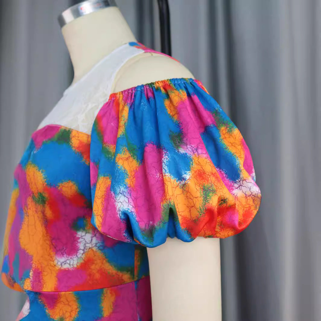 Dame maxikjole med voluminøse puffærmer og floral spidsdetalje Skovae