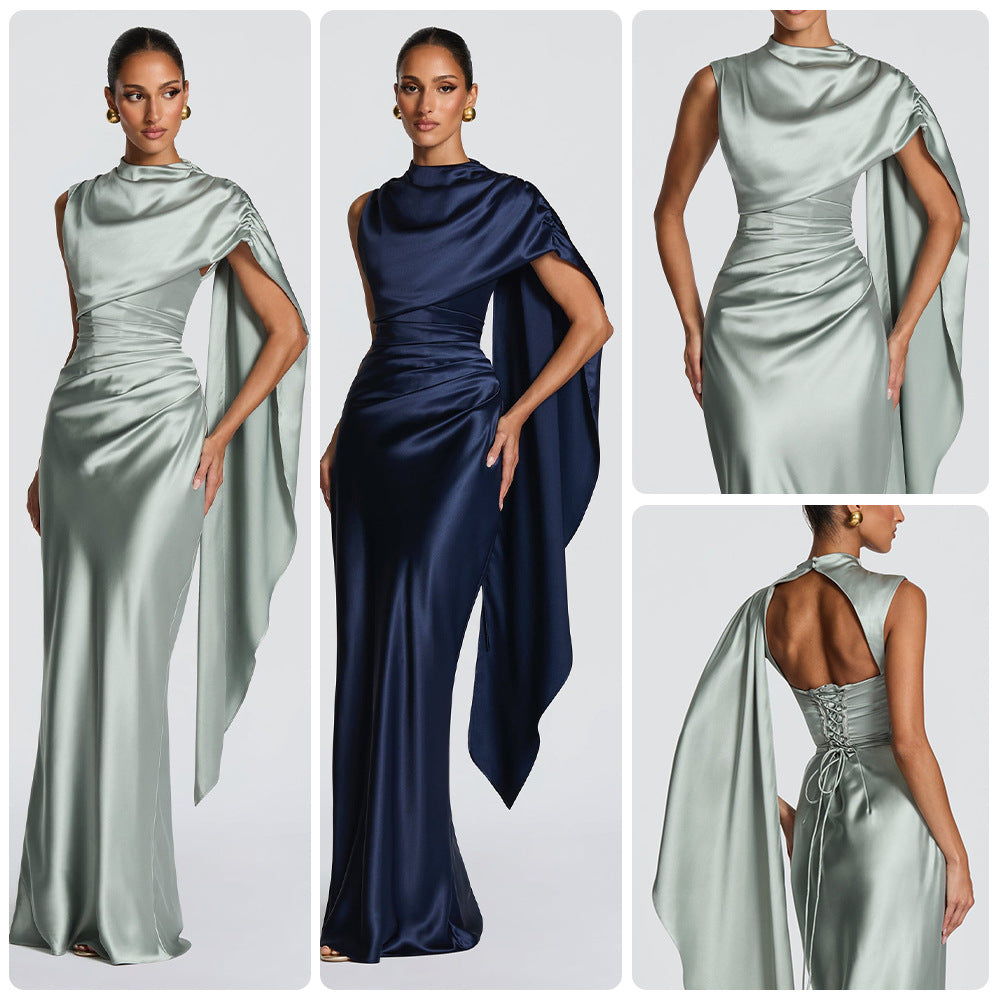 Kvinders elegante maxi kjole med asymmetrisk top og flydende satin