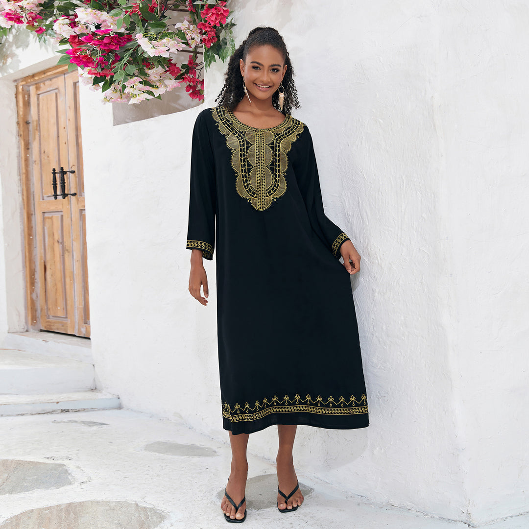 Dame Kaftan med luksuriøse gyldne broderier og elegant V-udskæring Stilla
