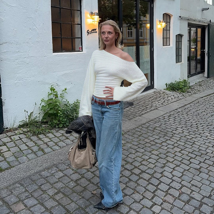 Kvinder Elegant En-Sidet Halværmet Top med Moderen Tekstur Design og Matchende Bukser