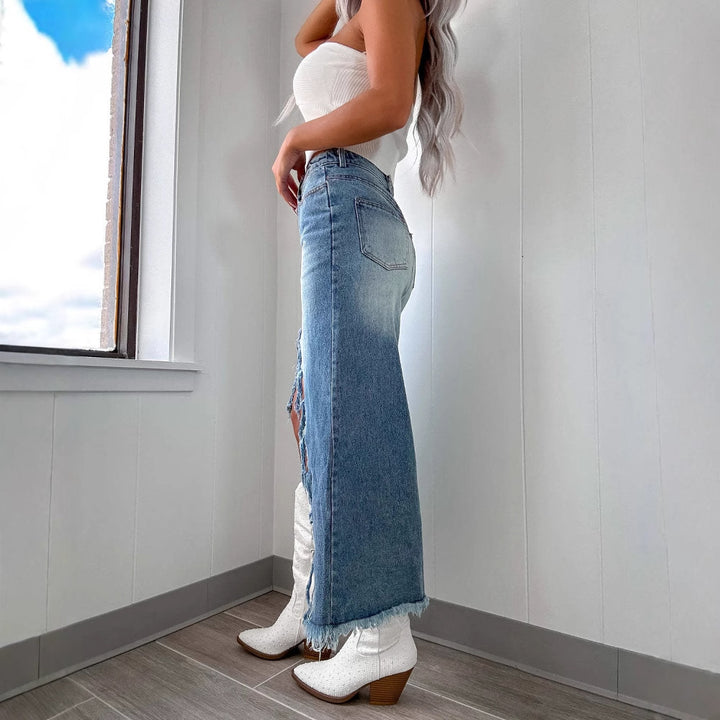 Kvindernes denim nederdel i moderne høj-lav stil med frynse-detaljer Stilla