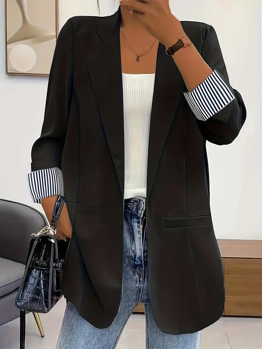 Dame Elegant Blazer med stribede ærmer og løs pasform Stilla