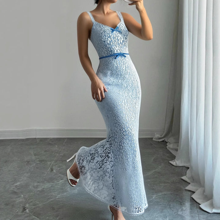 Dame Elegant Spids Midi Kjole med Justerbare Stropper og Sløjfe Detalje Skovae