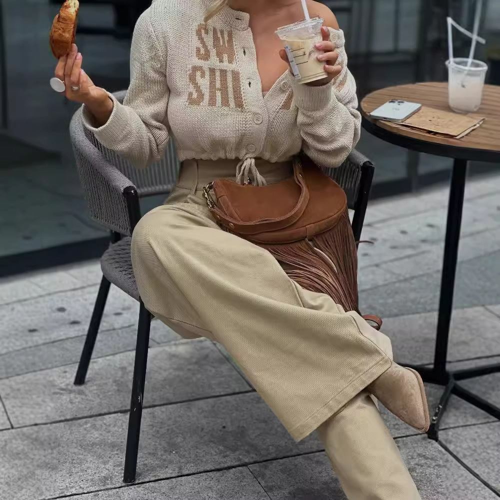 Kvinders afslappede knap cardigan med lettering Stilla