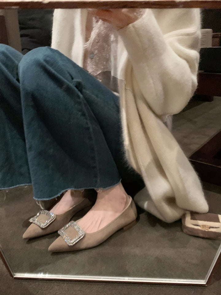 Dame Elegant Spids-Tå Ballerinaer med Krystal-Detalje Stilla