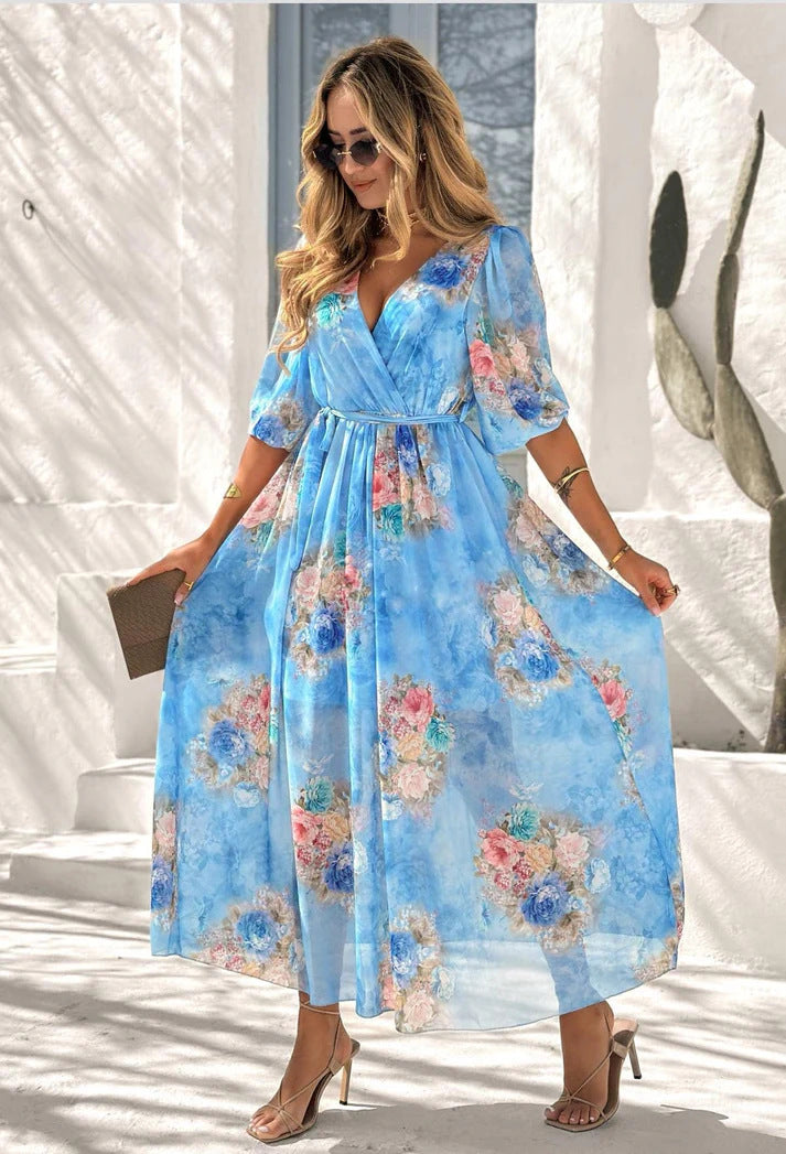 Dame Maxikjole med blomster-chiffon og elegant drapering Stilla