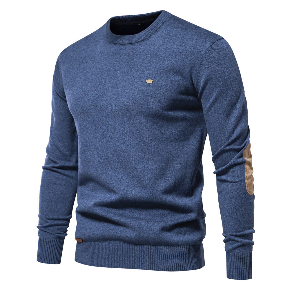 Herrer Rundhals Pullover lavet af fin bomuld med elegante albuepatches Stilla
