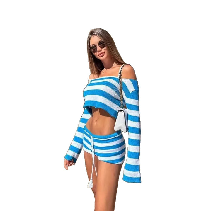 Dame casual strand-sæt med cropped sweater og shorts Skovae