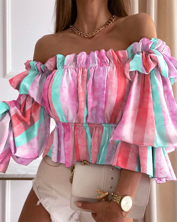 Damer Elegant Off-Shoulder Top med voluminøse rynker og blomsterprint Stilla