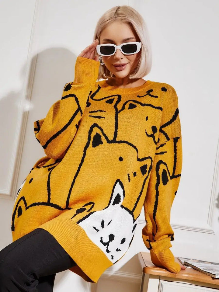 Dame stilfuld pullover med kattemotiv og afslappet snit Stilla