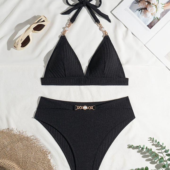 Dame trekant-bikini med elegant kæde-detalje og højtaljede trusser Stilla