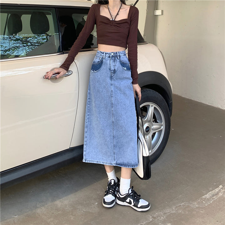 Kvinders Maxi Denim Skirt med Høj Talje og Side Split Stilla