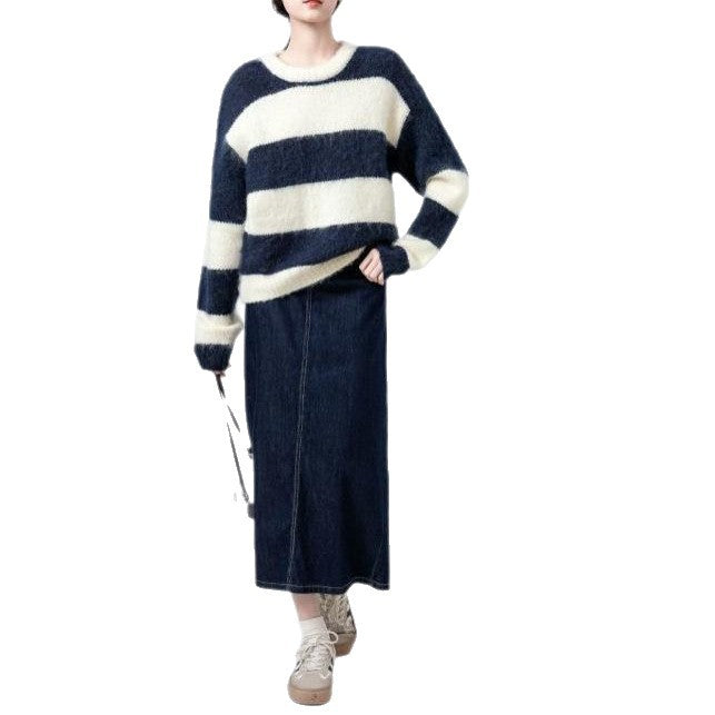 Kvindes stilfulde hyggelige sweater med stribet mønster Stilla
