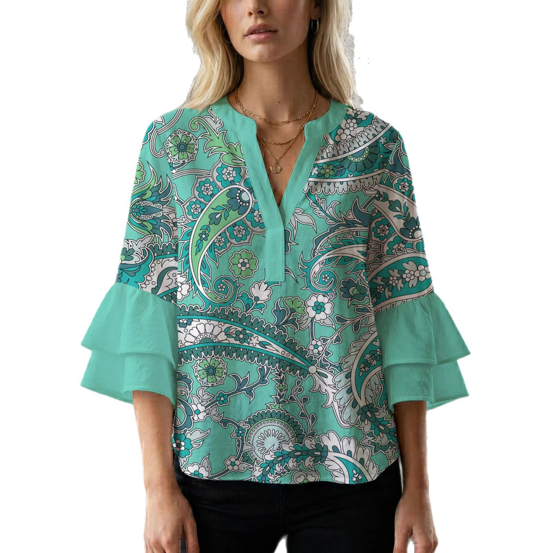 Dame elegant bluser med voluminøse rucheærmer og grafisk blomsterdesign Skovae