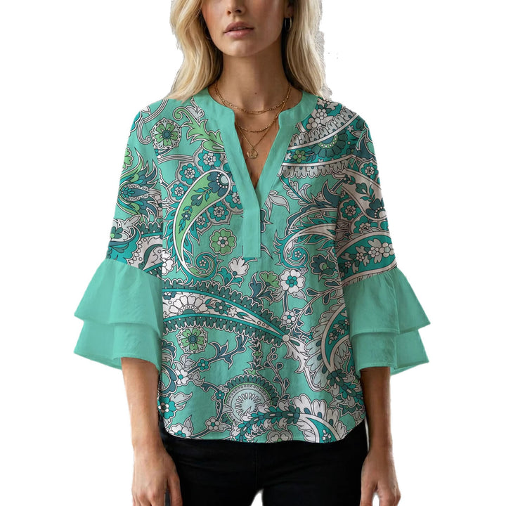 Dame elegant bluser med voluminøse rucheærmer og grafisk blomsterdesign Skovae