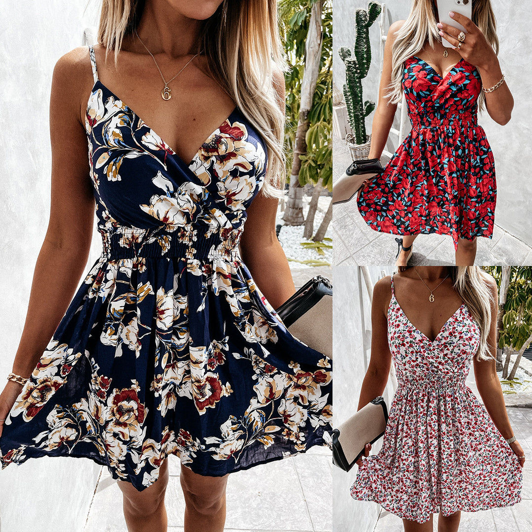 Dame fritidskjole med blomsteragtig indpakningsdesign og elastisk taljebånd Stilla
