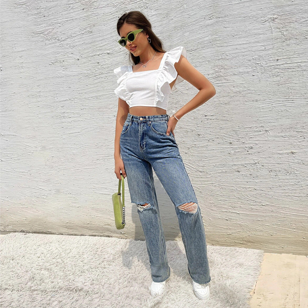 Dame Cropped Top med Flæse Detaljer og Kvadratisk Hals Stilla