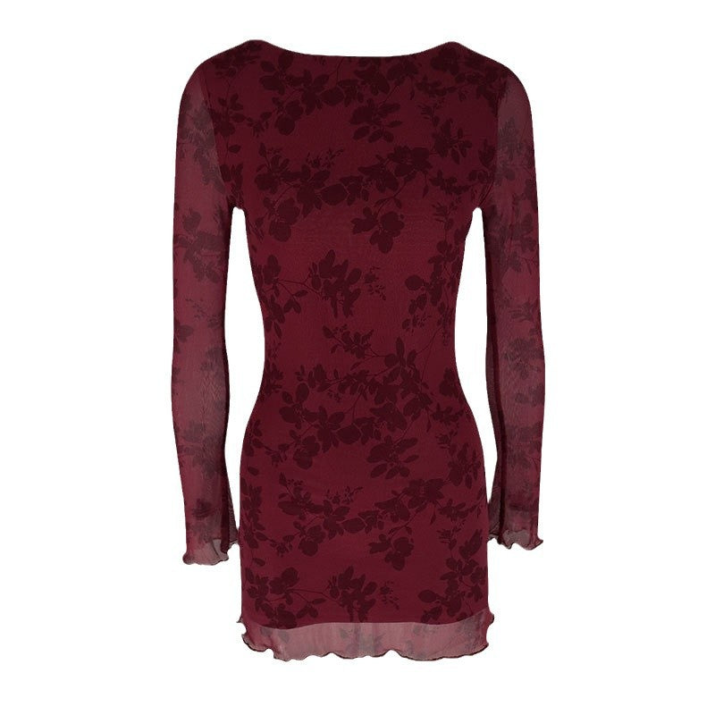 Dame Floral Minikjole med transparente ærmer Skovae