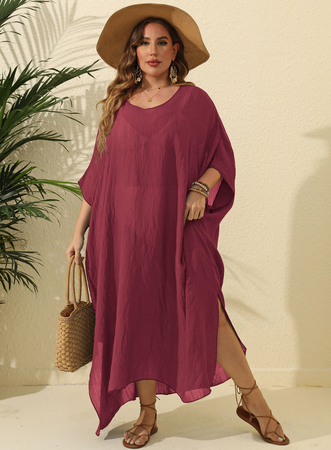 Dame sommerkjole i afslappet kaftan-stil med åben skulderparti Stilla