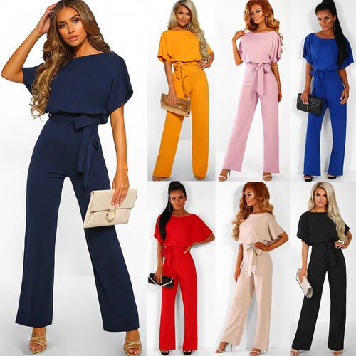 Dame Elegant Bred Ben Jumpsuit med Bindebælte Stilla