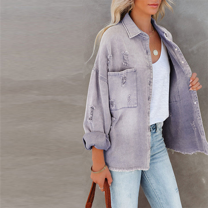 Dame Oversized Jeansjakke med distressed detaljer og lommer Stilla
