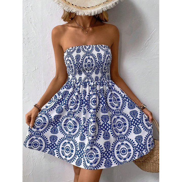 Dame strapless sommerkjole med elastisk taljegejst og blomsterdesign Skovae