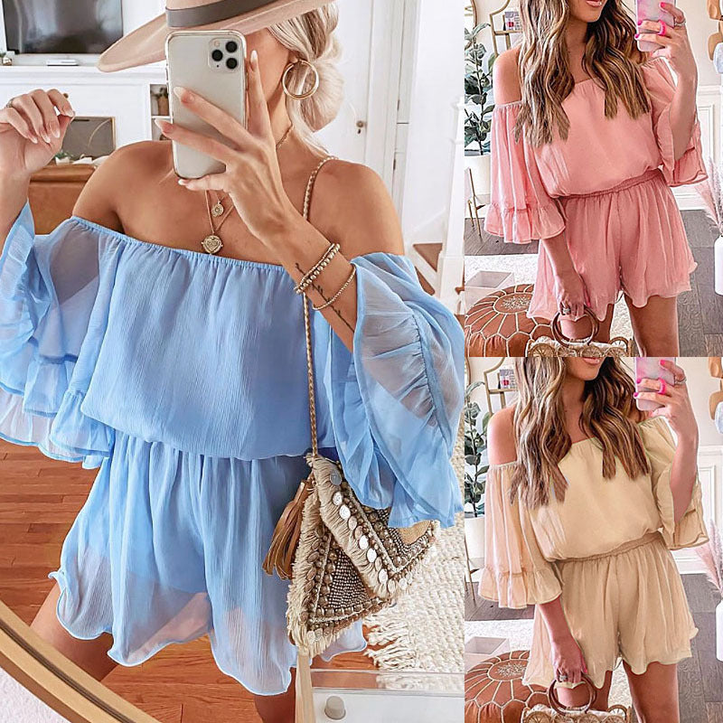 Dame Off-Shoulder Kort Kjole med voluminøse ærmer og flydende kant Stilla