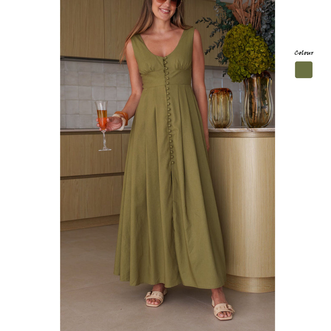 Dame maxi kjole med chik knapdesign og elegant V-hals