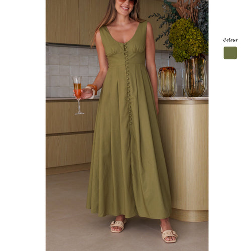 Dame maxi kjole med chik knapdesign og elegant V-hals