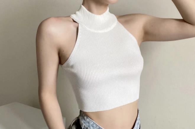 Dame Højhalset Crop-Top i fint ribstrik materiale Stilla