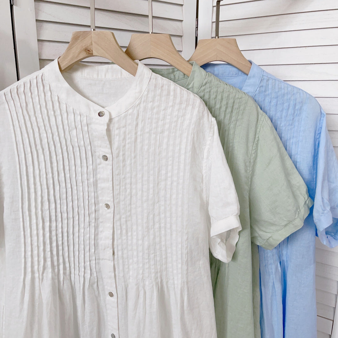Dame Casual Button-Down Linnebluse med unikke foldede detaljer Stilla