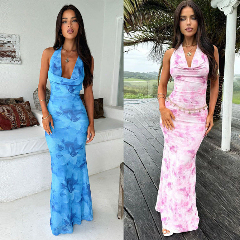 Femme Elegante Cowl Neck Maxi Kjole med Blomsterprint Stilla
